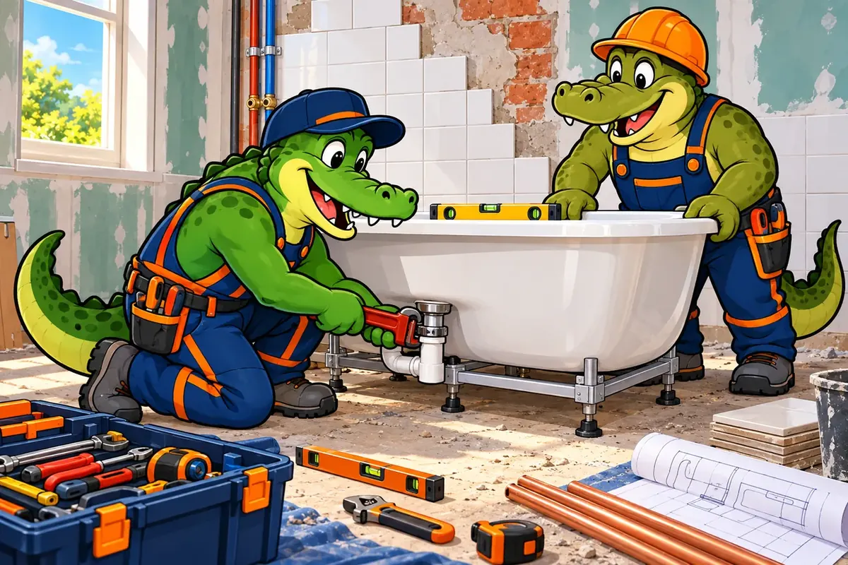 Zwei Krokodile in Arbeitskleidung bauen gemeinsam eine Badewanne ein