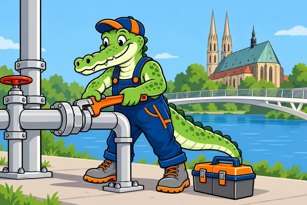Das Krokodil zieht an der Neiße eine Rohrverbindung fest, im Hintergrund die Peterskirche