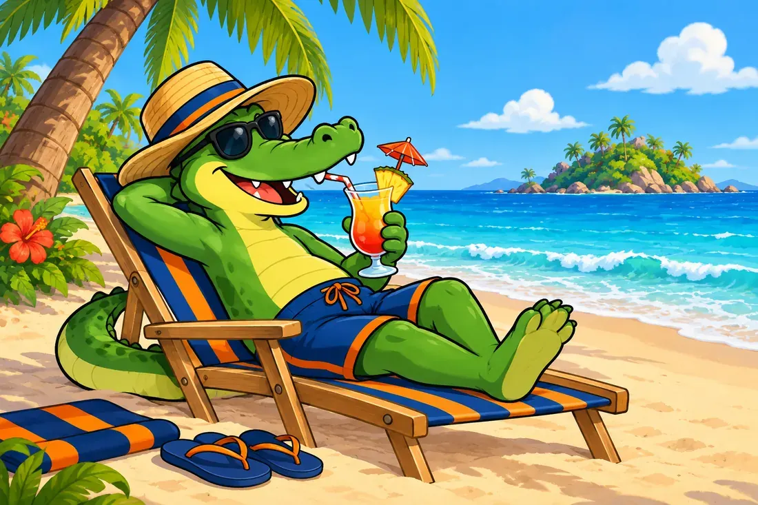 Das Krokodil entspannt im Liegestuhl am Strand