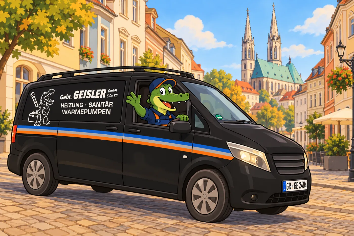 Illustration: schwarzer Geisler-Transporter in der Görlitzer Altstadt, das Krokodil winkt aus dem Fenster